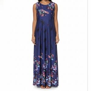 Reborn New York Floral Blue Sleeveless Maxi Dress Pockets Women's Large Boho